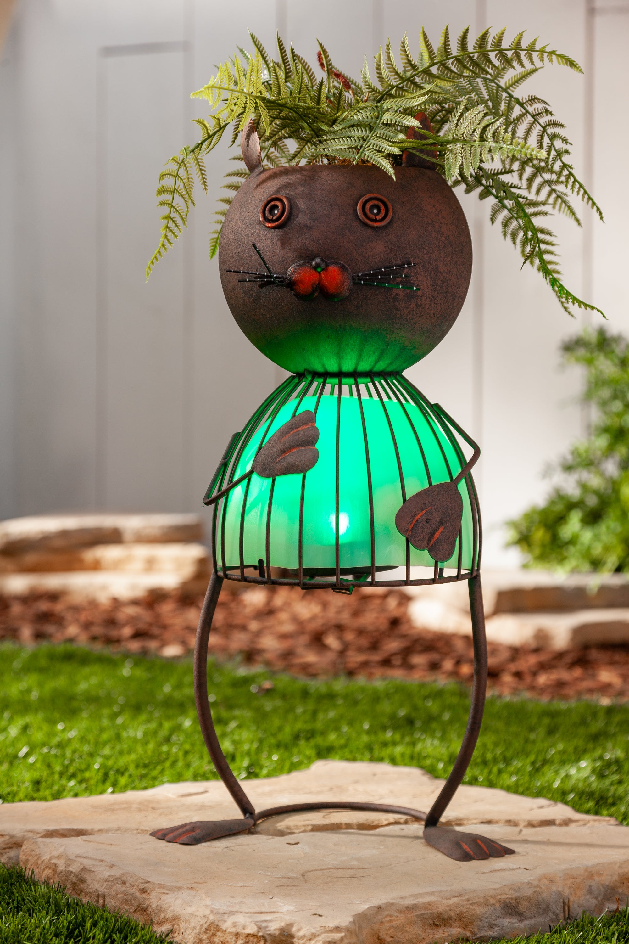 19.88 Inch Green Solar Garden Metal Cat Planter